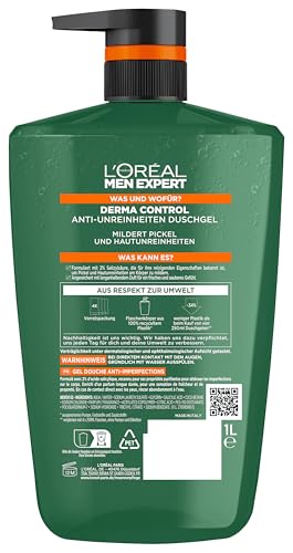 L'Oréal Men Expert XXXL Duschgel und Shampoo für Männer, Duschbad zur Reinigung von Körper, Haar und Gesicht, Herren Körperpflege für zu Unreinheiten neigende Haut, Derma Control, 1 x 1000 ml