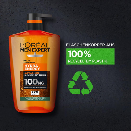 L'Oréal Men Expert XXXL Duschgel und Shampoo für Männer, Duschbad zur Reinigung von Körper, Haar und Gesicht, Herren Körperpflege für langanhaltende Frische mit Taurin, Hydra Energy, 1 x 1000 ml