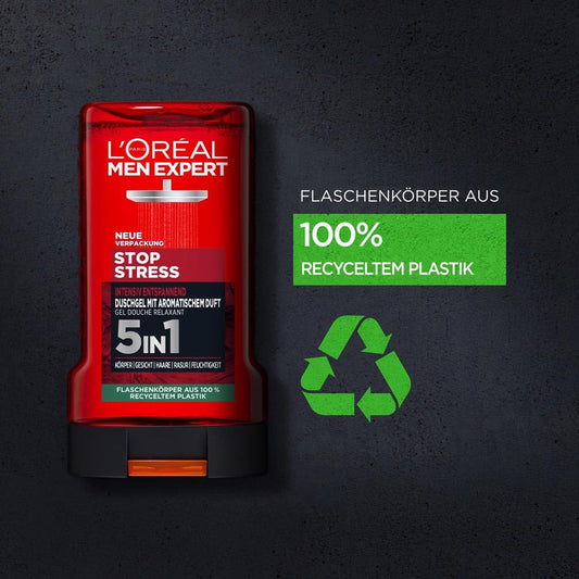 L'Oréal Men Expert Duschgel und Shampoo für Männer, Duschbad zur Reinigung von Körper, Haar und Gesicht, Herren Körperpflege für langanhaltende Frische mit aromatischem Duft, Stop Stress, 1 x 250 ml