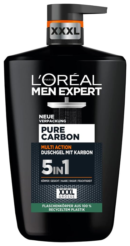 L'Oréal Men Expert XXXL 5in1 Duschgel und Shampoo für Männer, Duschbad zur Reinigung von Körper, Haar und Gesicht, Herren Körperpflege für langanhaltende Frische mit Karbon, Pure Carbon, 1 x 1000 ml