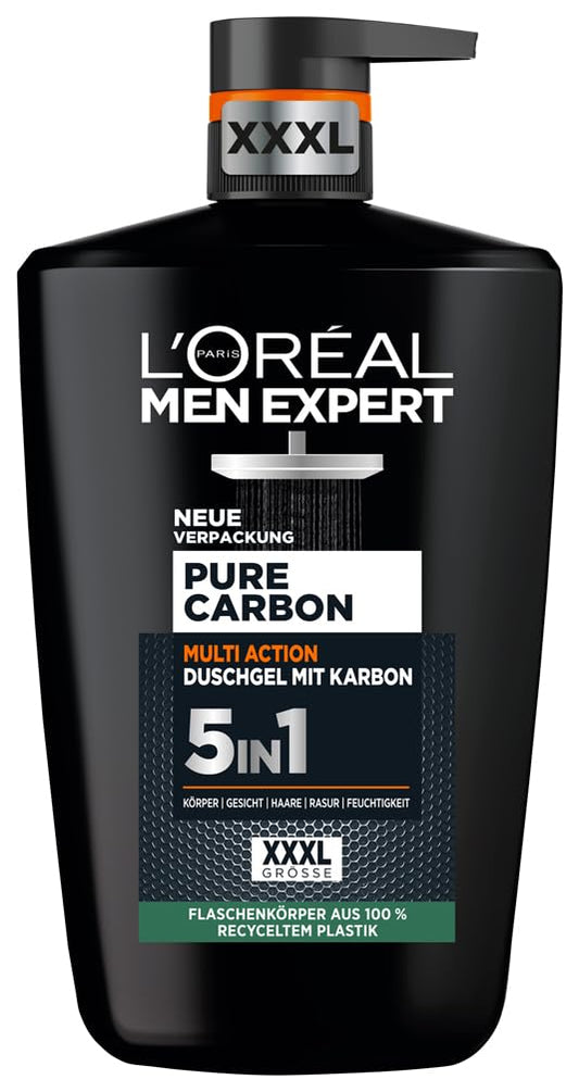 L'Oréal Men Expert XXXL 5in1 Duschgel und Shampoo für Männer, Duschbad zur Reinigung von Körper, Haar und Gesicht, Herren Körperpflege für langanhaltende Frische mit Karbon, Pure Carbon, 1 x 1000 ml