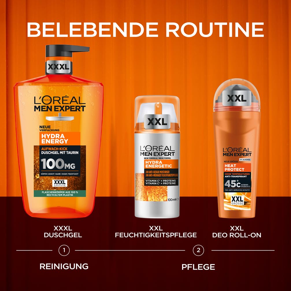 L'Oréal Men Expert XXXL Duschgel und Shampoo für Männer, Duschbad zur Reinigung von Körper, Haar und Gesicht, Herren Körperpflege für langanhaltende Frische mit Taurin, Hydra Energy, 1 x 1000 ml