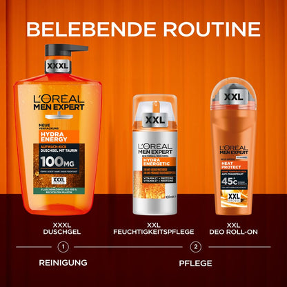 L'Oréal Men Expert XXXL Duschgel und Shampoo für Männer, Duschbad zur Reinigung von Körper, Haar und Gesicht, Herren Körperpflege für langanhaltende Frische mit Taurin, Hydra Energy, 1 x 1000 ml