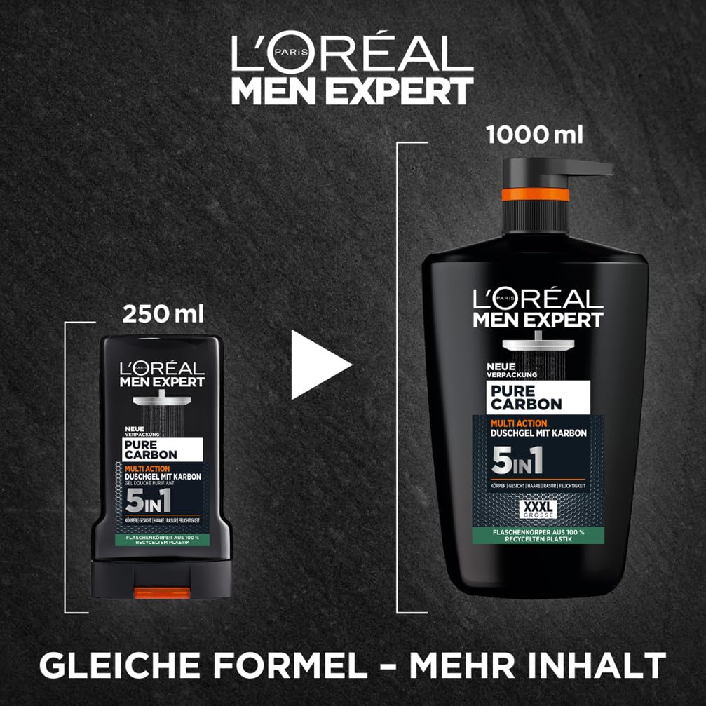 L'Oréal Men Expert XXXL 5in1 Duschgel und Shampoo für Männer, Duschbad zur Reinigung von Körper, Haar und Gesicht, Herren Körperpflege für langanhaltende Frische mit Karbon, Pure Carbon, 1 x 1000 ml