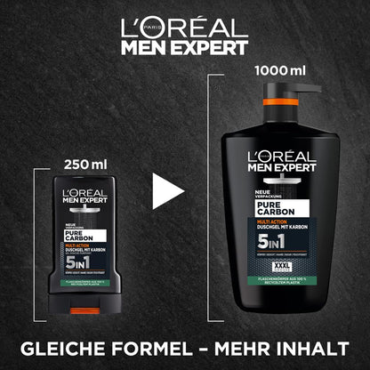 L'Oréal Men Expert XXXL 5in1 Duschgel und Shampoo für Männer, Duschbad zur Reinigung von Körper, Haar und Gesicht, Herren Körperpflege für langanhaltende Frische mit Karbon, Pure Carbon, 1 x 1000 ml