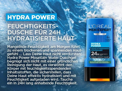 L'Oréal Men Expert Duschgel und Shampoo für Männer, Duschbad zur Reinigung von Körper, Haar und Gesicht, Herren Körperpflege für hydratisierte Haut mit Mountain Water, Hydra Power, 1 x 250 ml