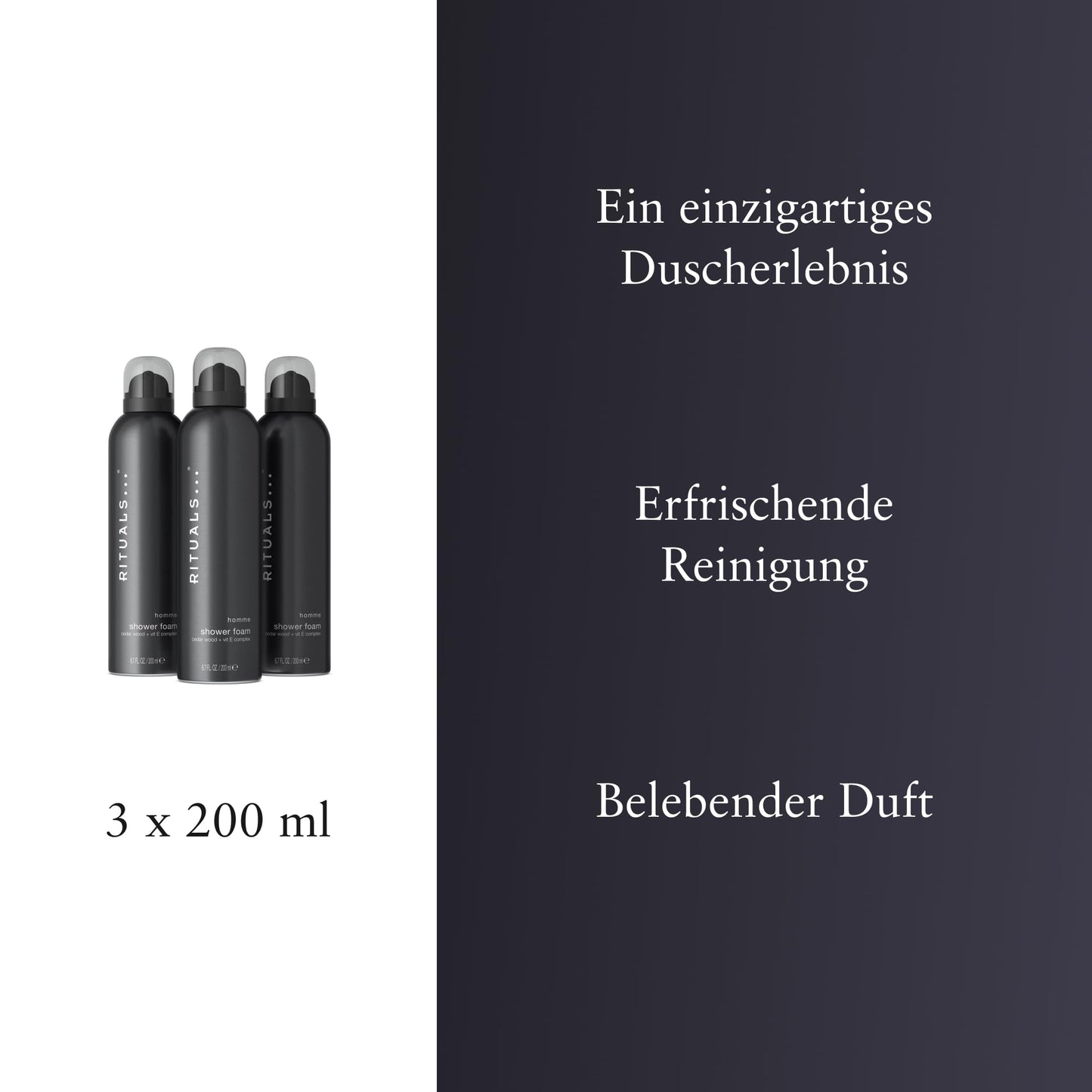 RITUALS Homme Vorteilspack mit 3 x Duschschaum – Duschgel mit Zedernholz und Vitamin E – kraftvoller und belebender Duft – Value Pack 3 x 200 ml