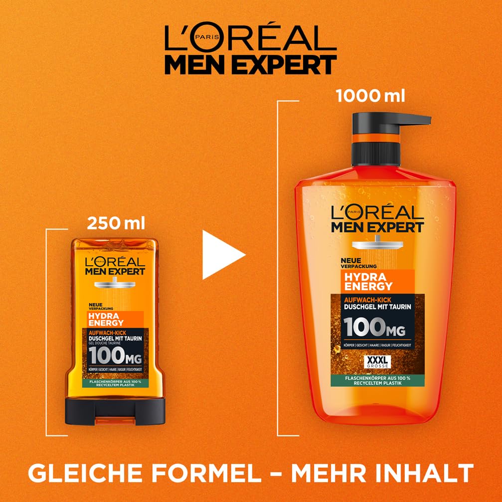 L'Oréal Men Expert XXXL Duschgel und Shampoo für Männer, Duschbad zur Reinigung von Körper, Haar und Gesicht, Herren Körperpflege für langanhaltende Frische mit Taurin, Hydra Energy, 1 x 1000 ml