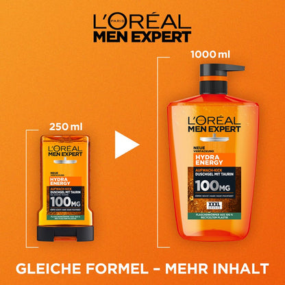 L'Oréal Men Expert XXXL Duschgel und Shampoo für Männer, Duschbad zur Reinigung von Körper, Haar und Gesicht, Herren Körperpflege für langanhaltende Frische mit Taurin, Hydra Energy, 1 x 1000 ml