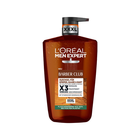 L'Oréal Men Expert XXXL Duschgel und Shampoo für Männer, Duschbad zur Reinigung von Körper, Haar, Gesicht und Bart, Herren Körperpflege mit holzigem Duft und Zedernholzöl, Barber Club, 1 x 1000 ml