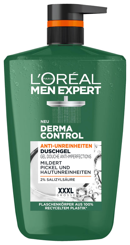 L'Oréal Men Expert XXXL Duschgel und Shampoo für Männer, Duschbad zur Reinigung von Körper, Haar und Gesicht, Herren Körperpflege für zu Unreinheiten neigende Haut, Derma Control, 1 x 1000 ml