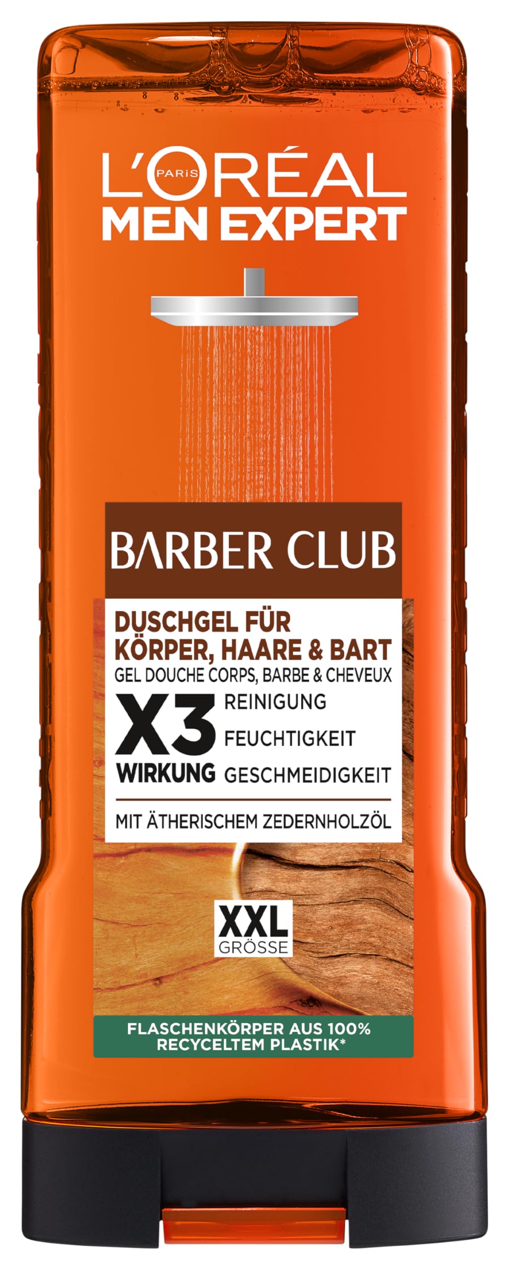 L'Oréal Men Expert XXL Duschgel und Shampoo für Männer, Duschbad zur Reinigung von Körper, Haar, Gesicht und Bart, Herren Körperpflege mit holzigem Duft und Zedernholzöl, Barber Club, 1 x 400 ml