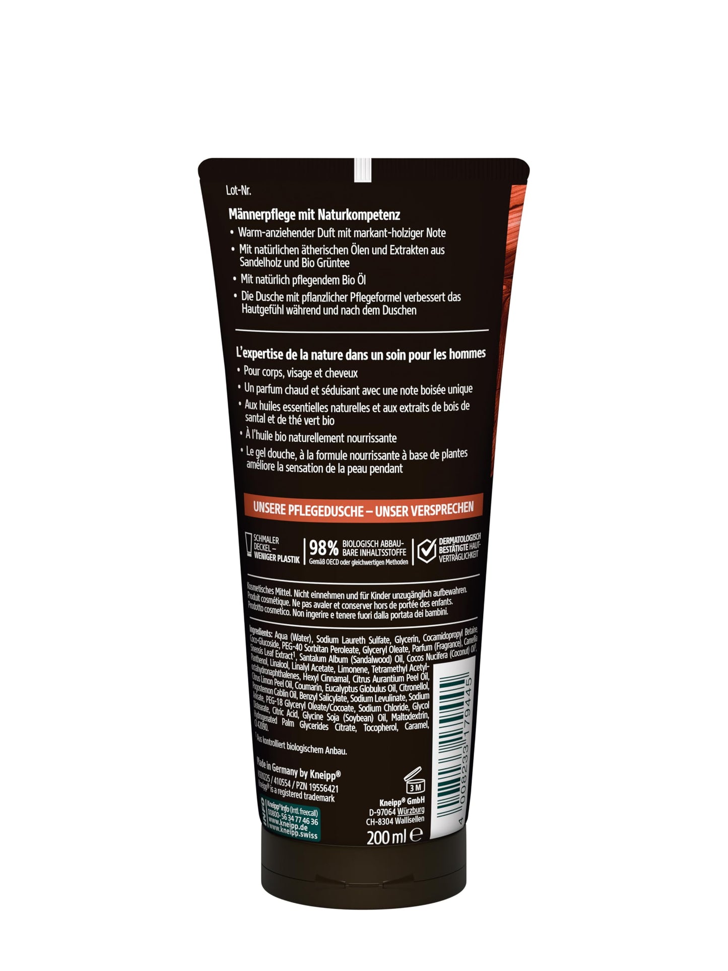 Kneipp MEN 3 in 1 Wild Duschgel - Sandelholz & Bio Grüntee - Für Haut, Haar & Gesicht - Verbessert das Hautgefühl - 200ml