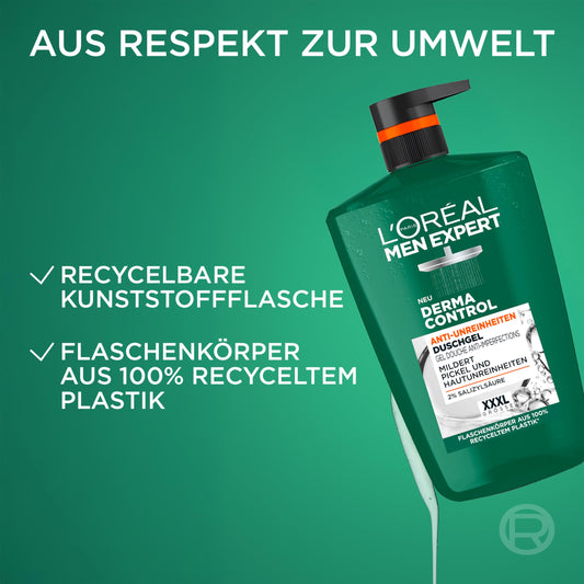 L'Oréal Men Expert XXXL Duschgel und Shampoo für Männer, Duschbad zur Reinigung von Körper, Haar und Gesicht, Herren Körperpflege für zu Unreinheiten neigende Haut, Derma Control, 1 x 1000 ml