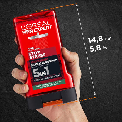 L'Oréal Men Expert Duschgel und Shampoo für Männer, Duschbad zur Reinigung von Körper, Haar und Gesicht, Herren Körperpflege für langanhaltende Frische mit aromatischem Duft, Stop Stress, 1 x 250 ml