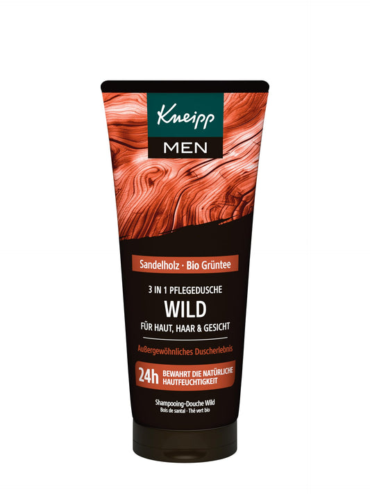 Kneipp MEN 3 in 1 Wild Duschgel - Sandelholz & Bio Grüntee - Für Haut, Haar & Gesicht - Verbessert das Hautgefühl - 200ml