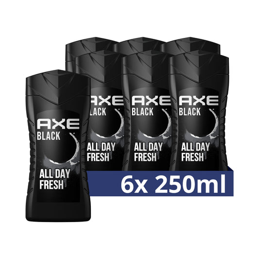 Axe 3-in-1 Duschgel & Shampoo Black für ganztägige Frische, unwiderstehlichen Duft und eine angenehme Dusche dermatologisch getestet 6x 250 ml ,Packaging may vary