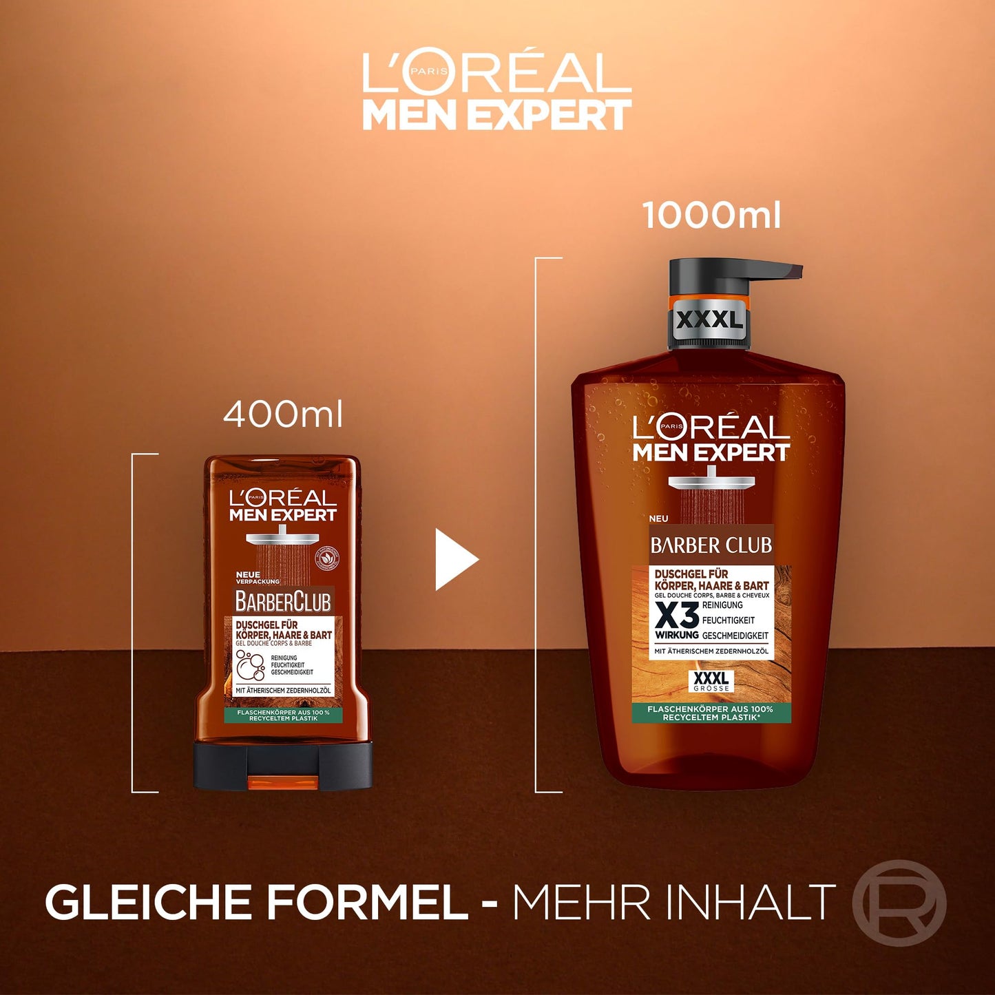 L'Oréal Men Expert XXXL Duschgel und Shampoo für Männer, Duschbad zur Reinigung von Körper, Haar, Gesicht und Bart, Herren Körperpflege mit holzigem Duft und Zedernholzöl, Barber Club, 1 x 1000 ml