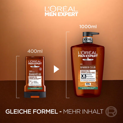 L'Oréal Men Expert XXXL Duschgel und Shampoo für Männer, Duschbad zur Reinigung von Körper, Haar, Gesicht und Bart, Herren Körperpflege mit holzigem Duft und Zedernholzöl, Barber Club, 1 x 1000 ml
