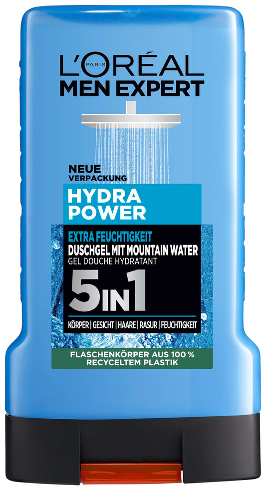 L'Oréal Men Expert Duschgel und Shampoo für Männer, Duschbad zur Reinigung von Körper, Haar und Gesicht, Herren Körperpflege für hydratisierte Haut mit Mountain Water, Hydra Power, 1 x 250 ml