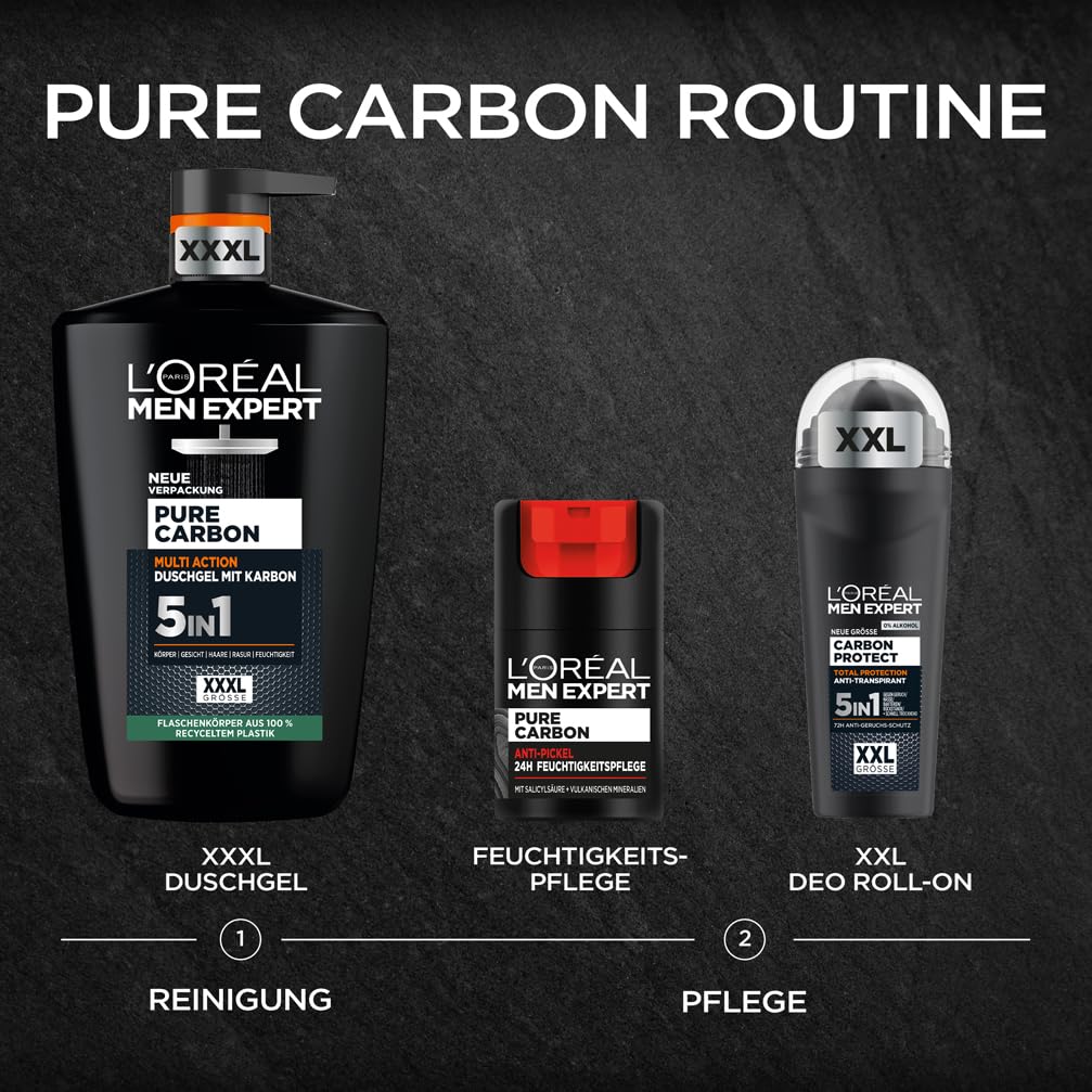 L'Oréal Men Expert XXXL 5in1 Duschgel und Shampoo für Männer, Duschbad zur Reinigung von Körper, Haar und Gesicht, Herren Körperpflege für langanhaltende Frische mit Karbon, Pure Carbon, 1 x 1000 ml