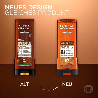 L'Oréal Men Expert XXL Duschgel und Shampoo für Männer, Duschbad zur Reinigung von Körper, Haar, Gesicht und Bart, Herren Körperpflege mit holzigem Duft und Zedernholzöl, Barber Club, 1 x 400 ml