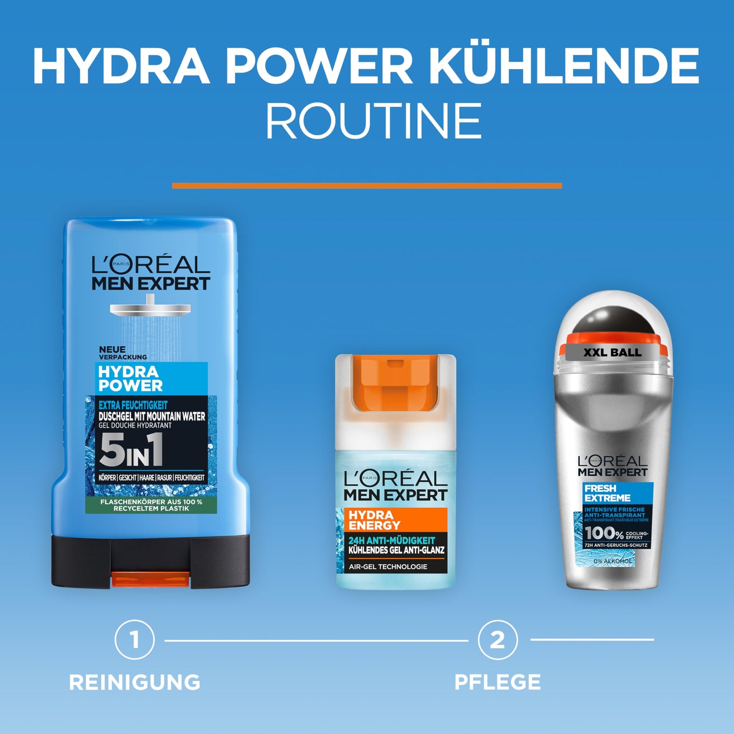 L'Oréal Men Expert Duschgel und Shampoo für Männer, Duschbad zur Reinigung von Körper, Haar und Gesicht, Herren Körperpflege für hydratisierte Haut mit Mountain Water, Hydra Power, 1 x 250 ml