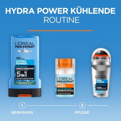 L'Oréal Men Expert Duschgel und Shampoo für Männer, Duschbad zur Reinigung von Körper, Haar und Gesicht, Herren Körperpflege für hydratisierte Haut mit Mountain Water, Hydra Power, 1 x 250 ml