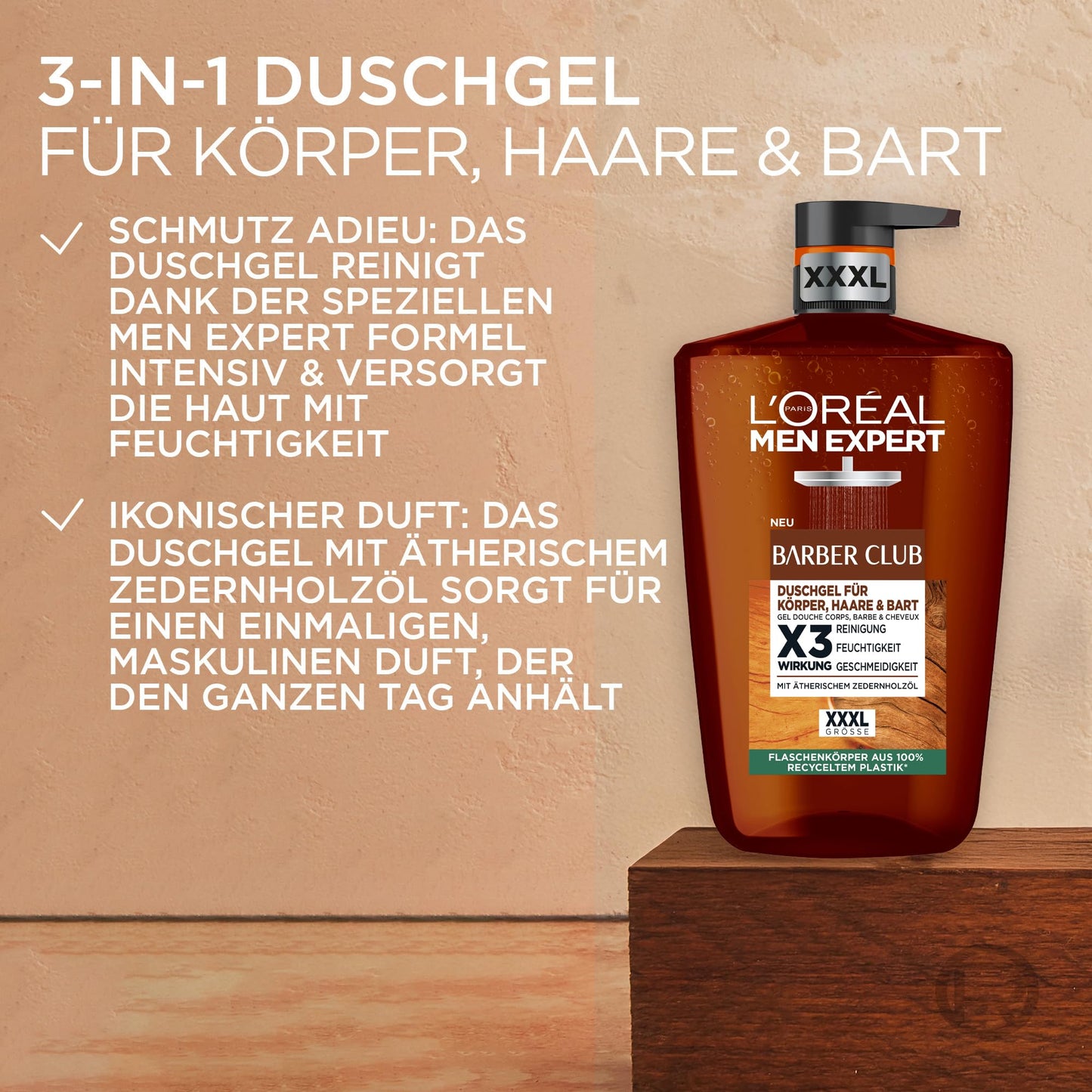L'Oréal Men Expert XXXL Duschgel und Shampoo für Männer, Duschbad zur Reinigung von Körper, Haar, Gesicht und Bart, Herren Körperpflege mit holzigem Duft und Zedernholzöl, Barber Club, 1 x 1000 ml