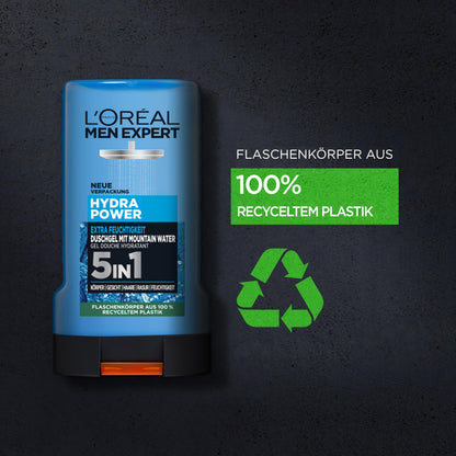 L'Oréal Men Expert Duschgel und Shampoo für Männer, Duschbad zur Reinigung von Körper, Haar und Gesicht, Herren Körperpflege für hydratisierte Haut mit Mountain Water, Hydra Power, 1 x 250 ml