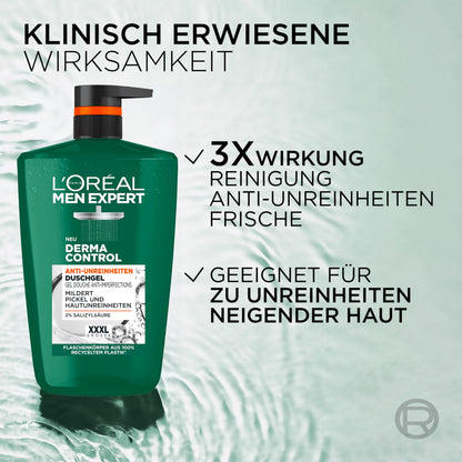 L'Oréal Men Expert XXXL Duschgel und Shampoo für Männer, Duschbad zur Reinigung von Körper, Haar und Gesicht, Herren Körperpflege für zu Unreinheiten neigende Haut, Derma Control, 1 x 1000 ml
