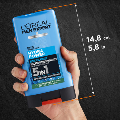 L'Oréal Men Expert Duschgel und Shampoo für Männer, Duschbad zur Reinigung von Körper, Haar und Gesicht, Herren Körperpflege für hydratisierte Haut mit Mountain Water, Hydra Power, 1 x 250 ml